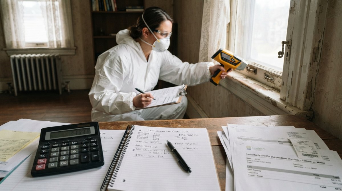 Certified lead inspector examining window trim during a lead-based paint inspection in an older home.