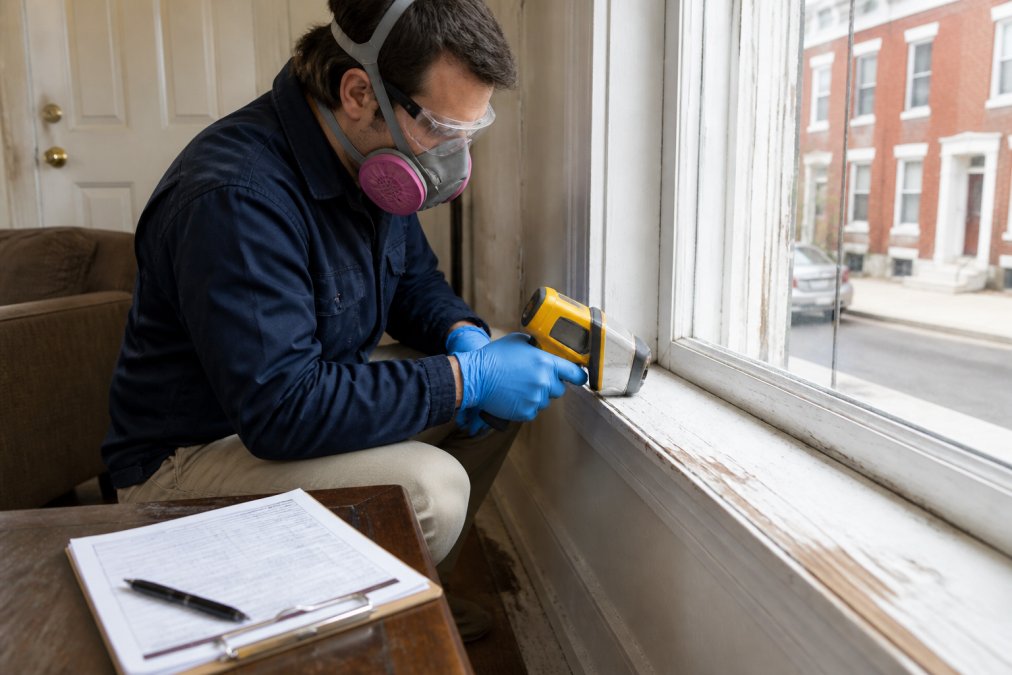 Process flow of a lead based paint inspector using an XRF analyzer to test window paint in a rowhouse