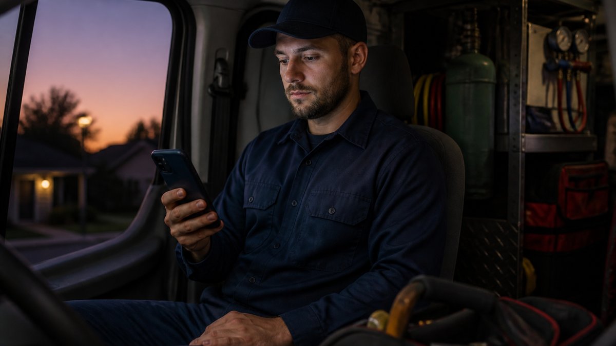 HVAC technician using lead capture software on a smartphone to manage after-hours calls from a work van