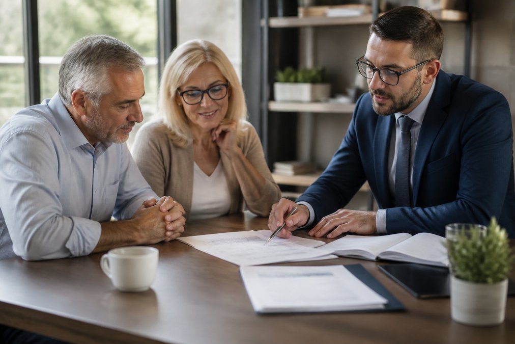 Professional financial advisor in business attire meeting with a mature couple in a modern office, reviewing financial documents at a desk with warm natural lighting and a trustworthy atmosphere