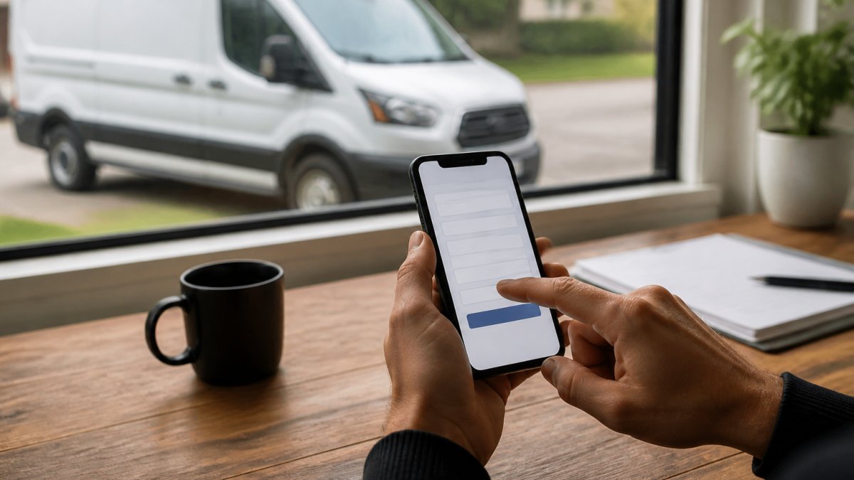 Person using a smartphone to complete a lead generation website contact form inside a service van office