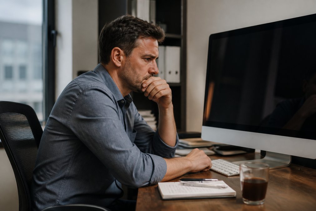 A small business owner with a furrowed brow staring at a dense CRM dashboard on a large monitor, a notepad and cold coffee on the desk beside them, office lighting casting a slight glare on the screen