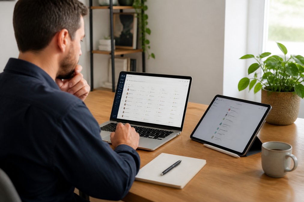 Responsable de agencia revisando el lead management en un CRM y flujos automatizados desde su oficina luminosa