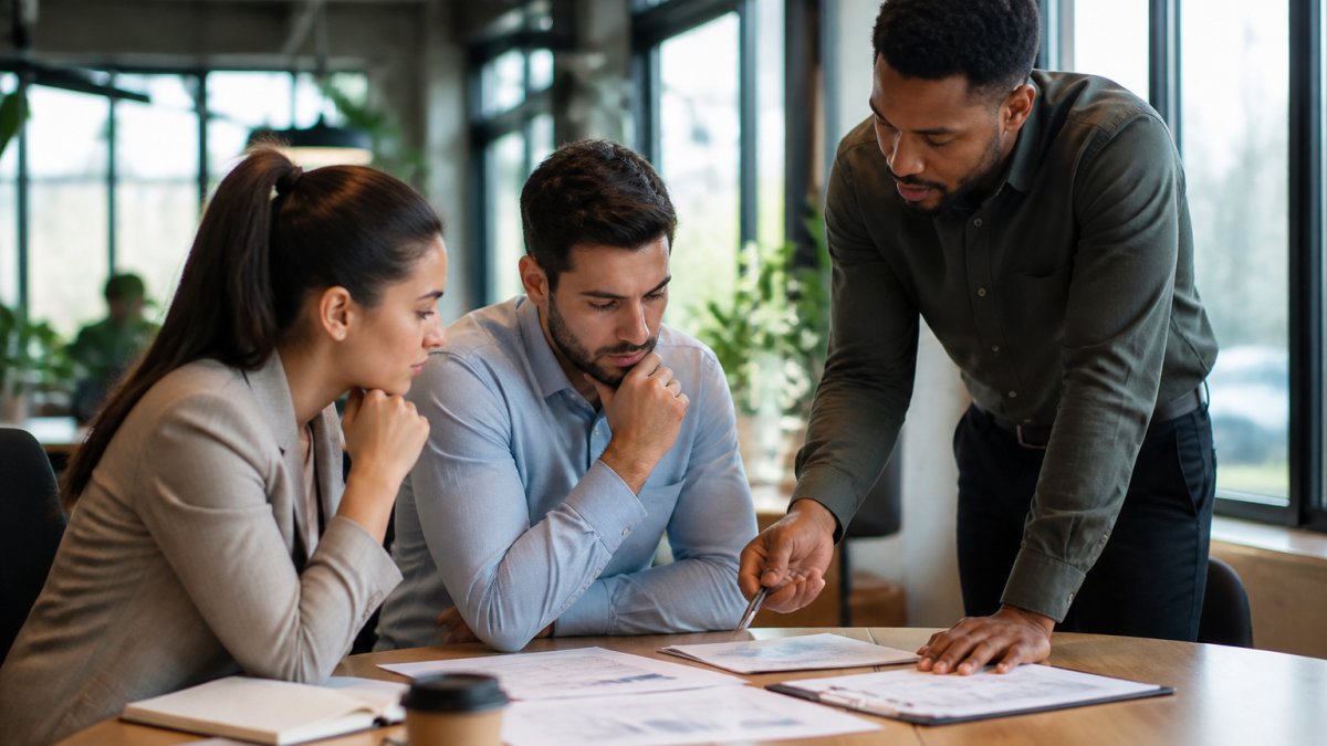 Sales team in modern office environment reviewing incoming leads on multiple monitors, collaborating on lead assignment decisions with focused attention on routing workflows