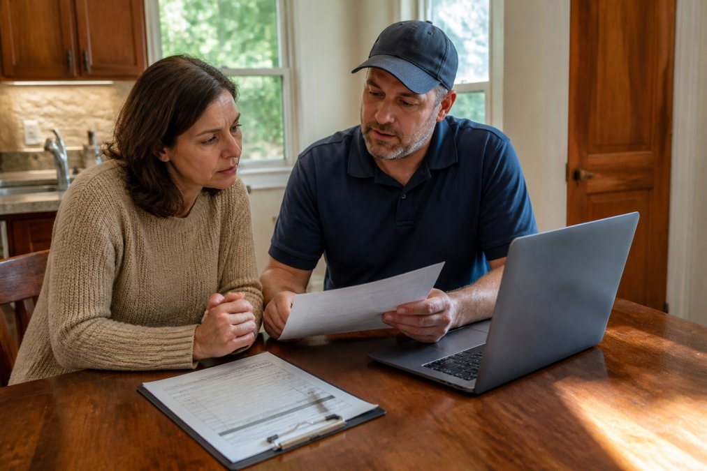 A homeowner and contractor reviewing certification documents together at a kitchen table, laptop open to an EPA verification website, clipboard with a printed checklist nearby, warm afternoon light through the window