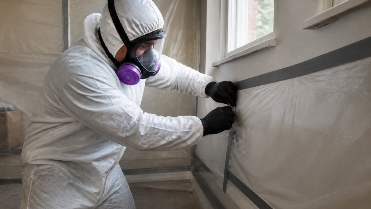 Professional demonstrating lead safe wall preparation in full protective gear including respirator, disposable coveralls, and gloves, preparing work area with polyethylene sheeting and duct tape for containment