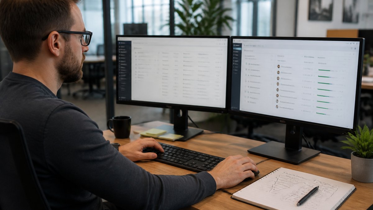 A marketing analyst at a desk reviewing lead and conversion data on two monitors in a modern office, with a CRM dashboard visible on one screen and a notebook with funnel notes beside the keyboard