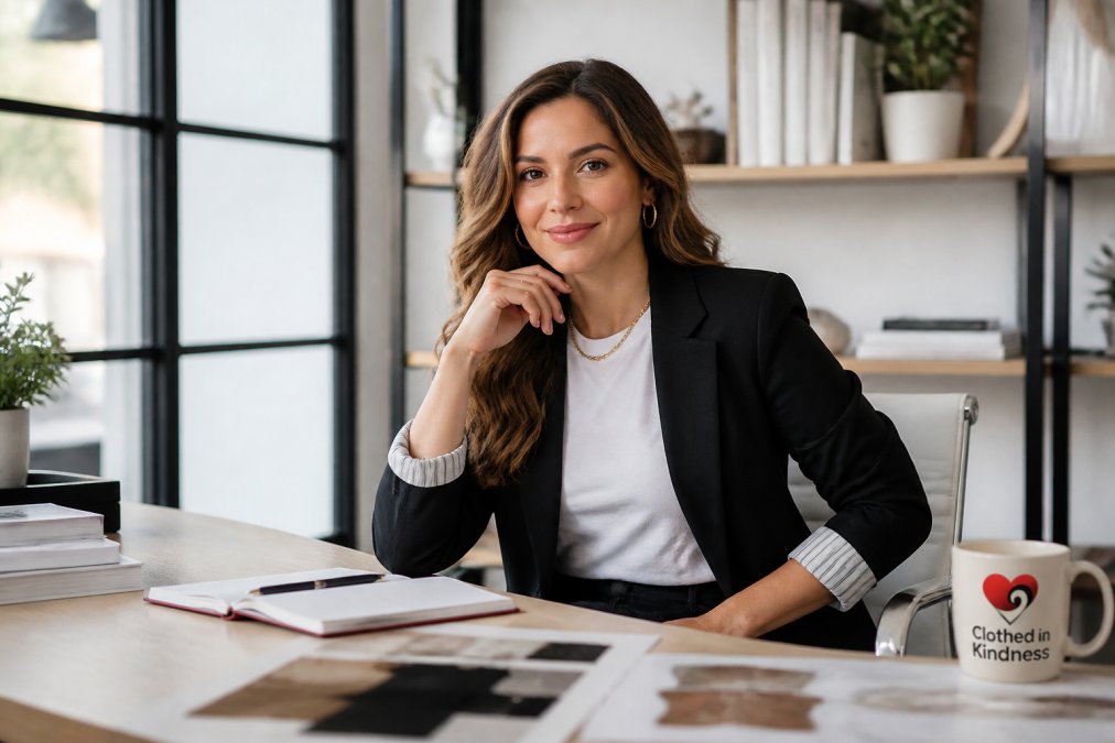 Professional in modern office wearing a leader graphic tee layered under a structured blazer, seated at desk with confident posture, natural office lighting