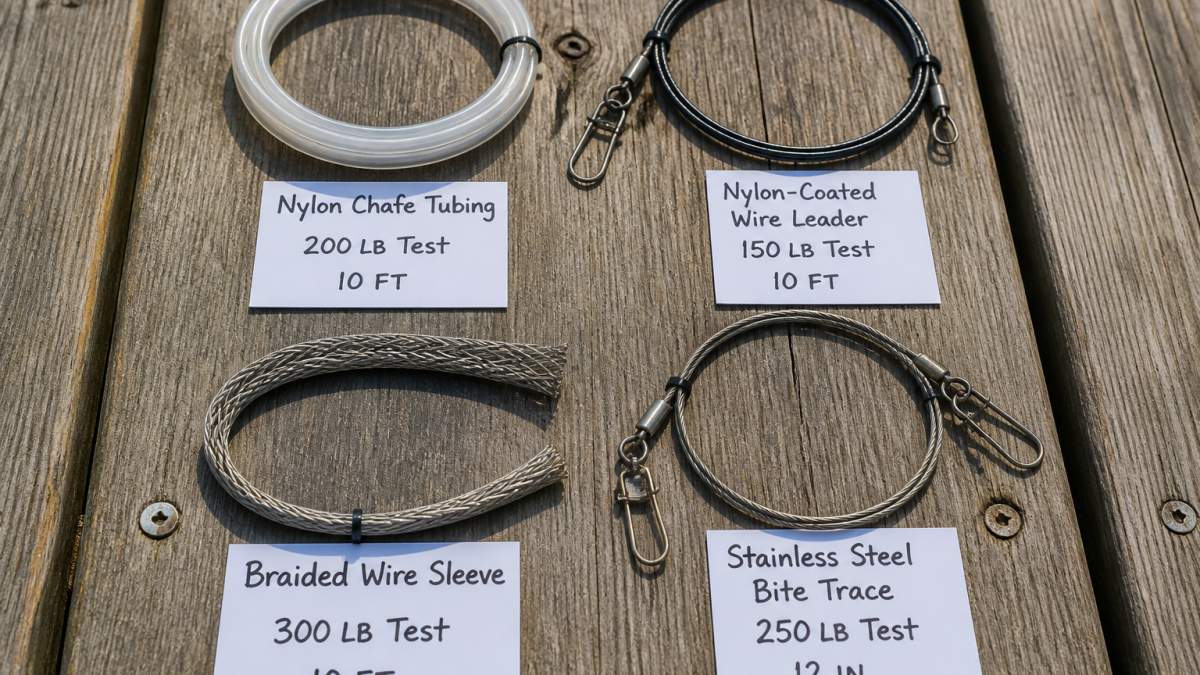 Overhead flat-lay of four leader protection materials on a dock, nylon chafe tubing coil, nylon-coated wire leader, braided wire sleeve, and stainless steel bite trace, each labeled with a small card showing breaking strength and length