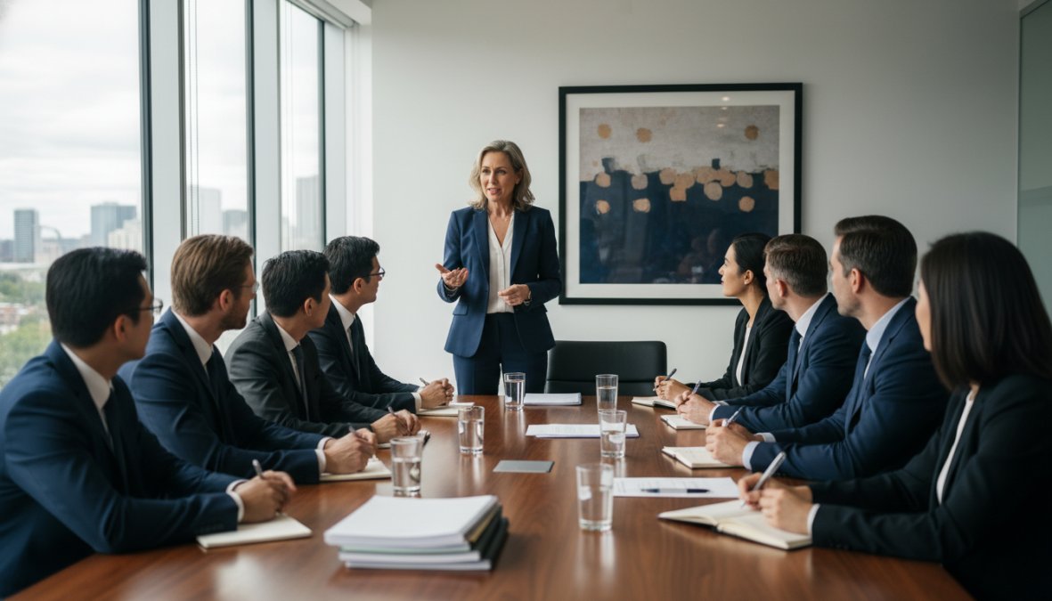 A confident leader standing at the head of a conference table, addressing a diverse team of professionals in a modern well-lit office, making eye contact and gesturing with open hands