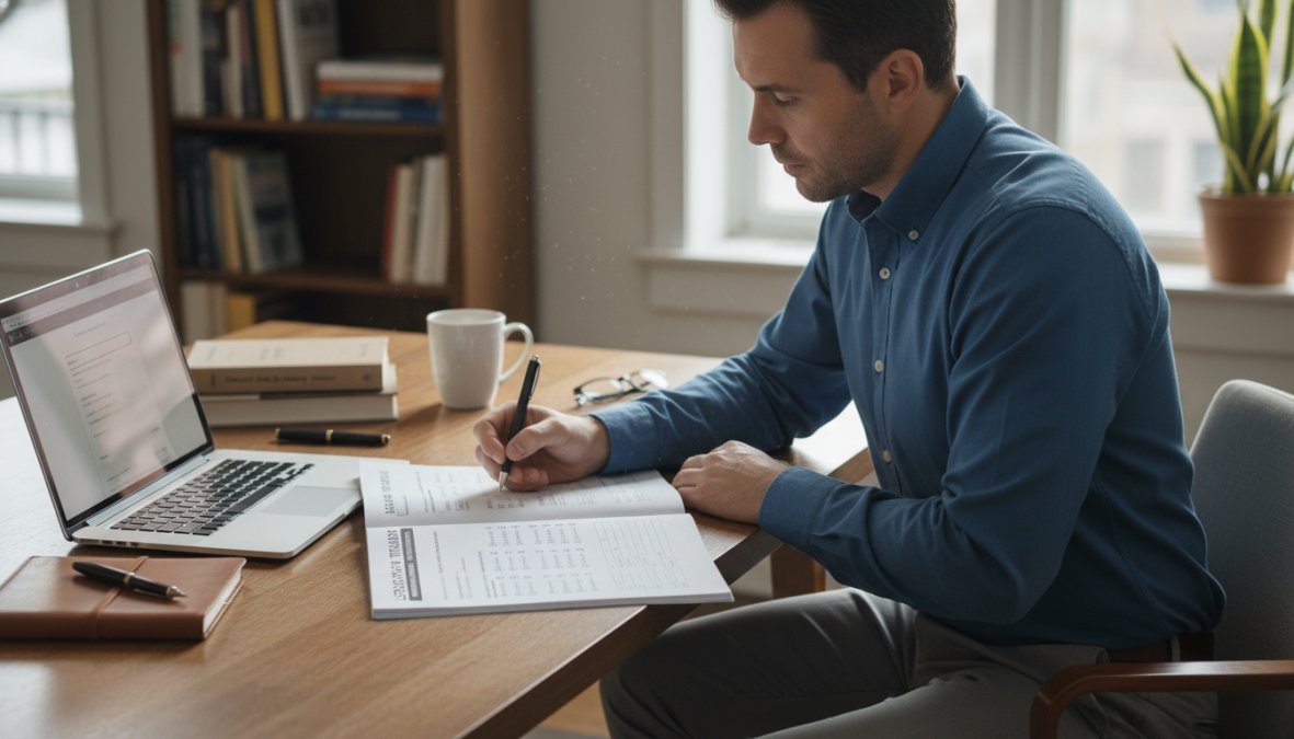 A professional sitting at a desk completing a written psychometric assessment questionnaire, with a laptop and notepad nearby, natural light from a window, quiet modern office environment
