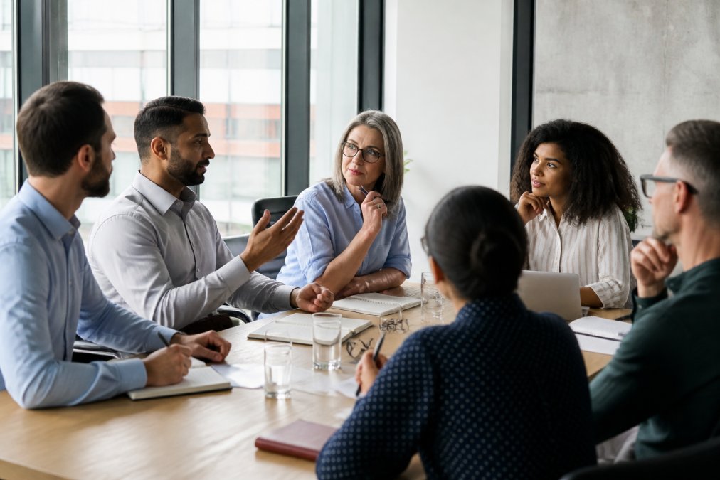 Group of professional managers and team leaders in a modern training room, engaged in discussion and taking notes during a leadership development session with natural lighting