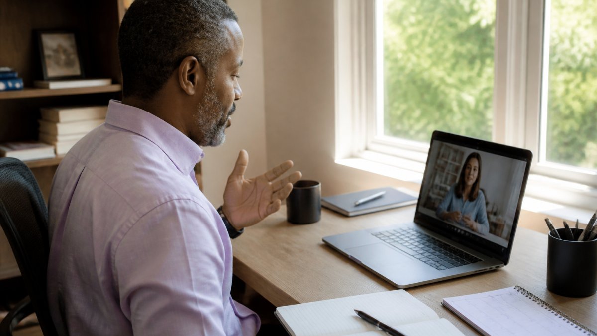 An executive in a quiet office corner on a video coaching call, notebook and calendar open beside a laptop, daylight through the window