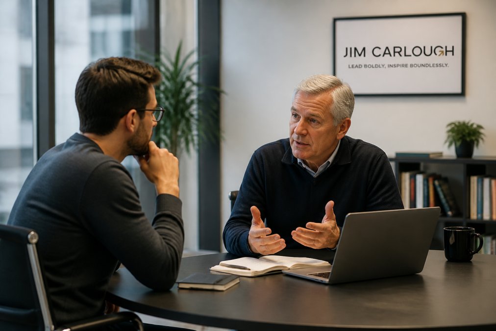 Technical founder in a modern office having a focused one-on-one conversation with a business mentor or coach, both seated across from each other with notebooks and laptops visible on the desk