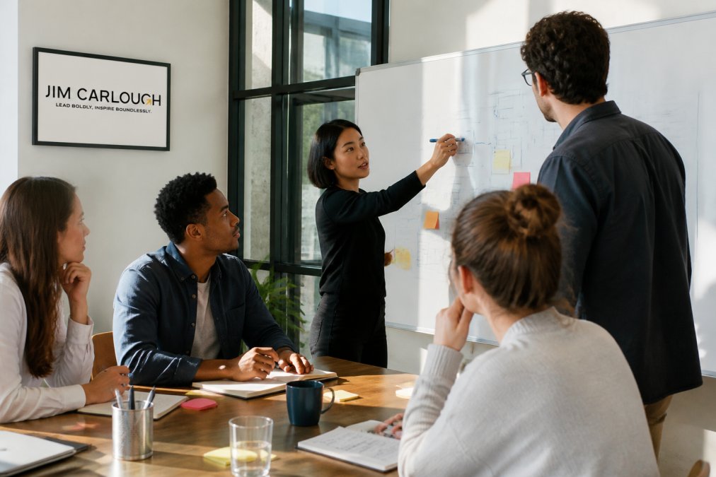 Diverse founding team in a collaborative meeting room, reviewing notes and discussing strategy on a whiteboard, showing active engagement and decision-making with natural office lighting