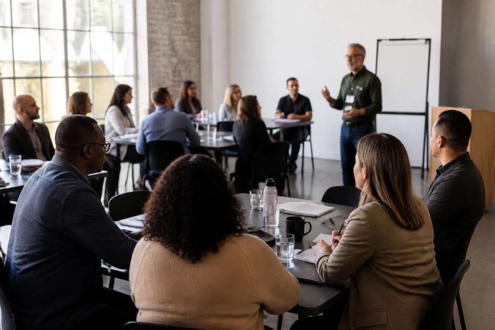 Diverse group of managers sitting at tables in a bright workshop setting, taking notes and engaging in discussion during a training session with a facilitator at the front