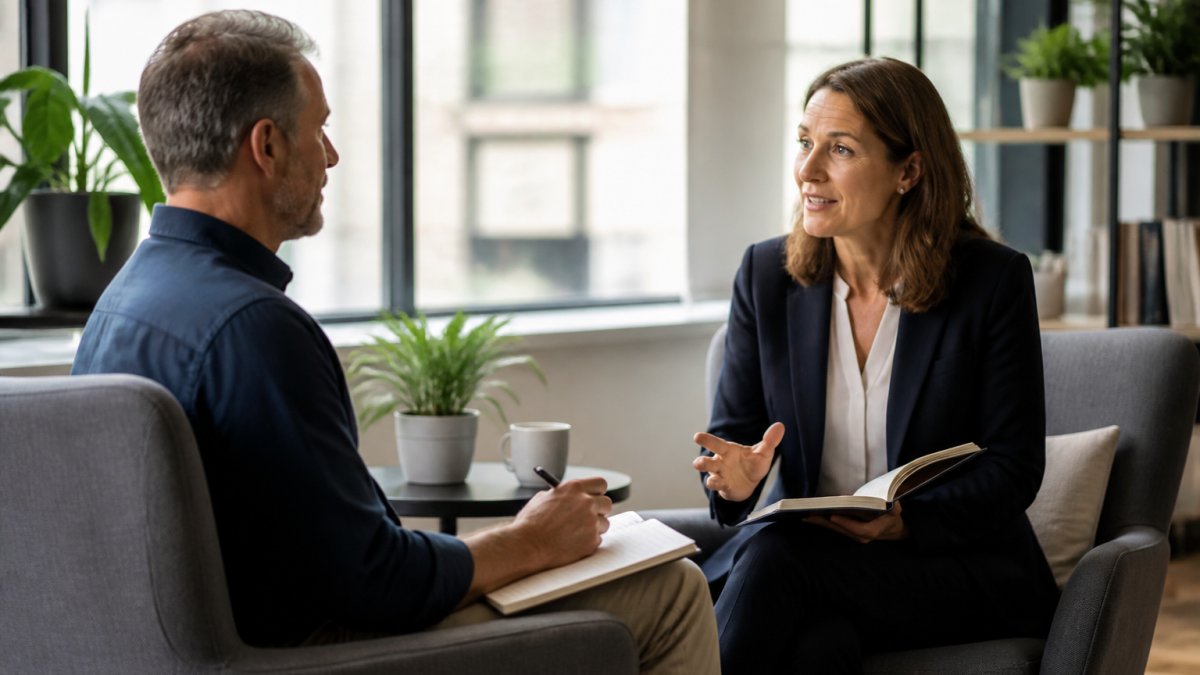 Professional manager and executive coach seated across from each other in modern office with natural lighting, engaged in focused one-on-one conversation with notebooks visible, demonstrating personalised coaching interaction