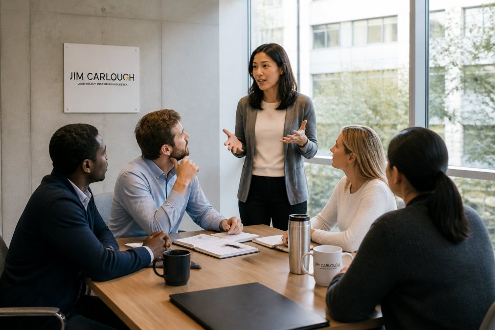 Diverse professionals in a meeting engaged in leadership development for emerging leaders.