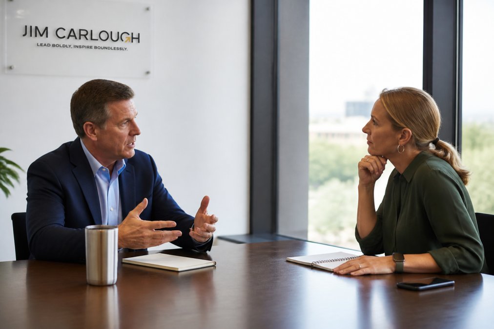 Two business professionals engaged in focused conversation across a conference table in a modern office, one leaning forward with attentive posture while the other speaks, natural window lighting illuminating genuine connection and active listening
