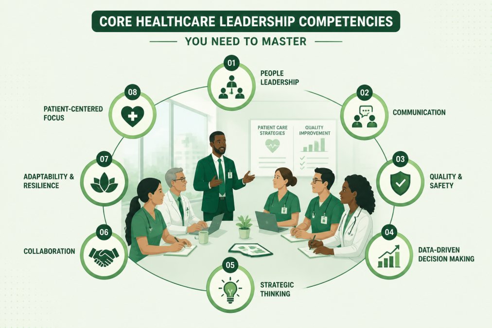 Healthcare manager leading a diverse team meeting with nurses and clinical staff gathered around a conference table in a modern hospital setting, discussing patient care strategies and quality improvement initiatives with natural window lighting