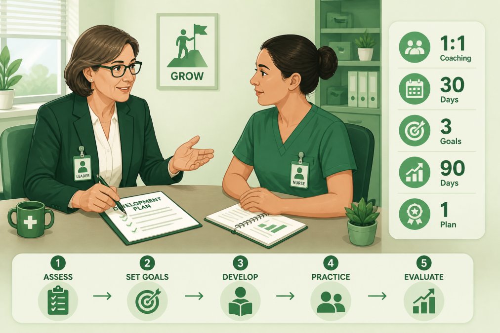 Senior healthcare leader in professional attire mentoring a younger nurse in a quiet hospital office setting, sitting across from each other with documents on the desk, showing one-on-one coaching and developmental conversation with warm indoor lighting