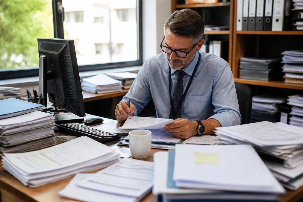 Busy public sector manager at desk with multiple documents, digital screens showing data and reports, surrounded by files and administrative paperwork in a modern office environment with natural lighting