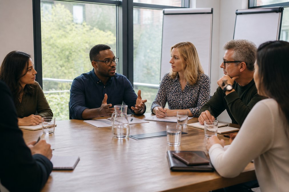 Diverse group of public sector leaders seated around a conference table in collaborative discussion, engaged in active conversation during a training session, with natural daylight from windows and flipcharts visible in background