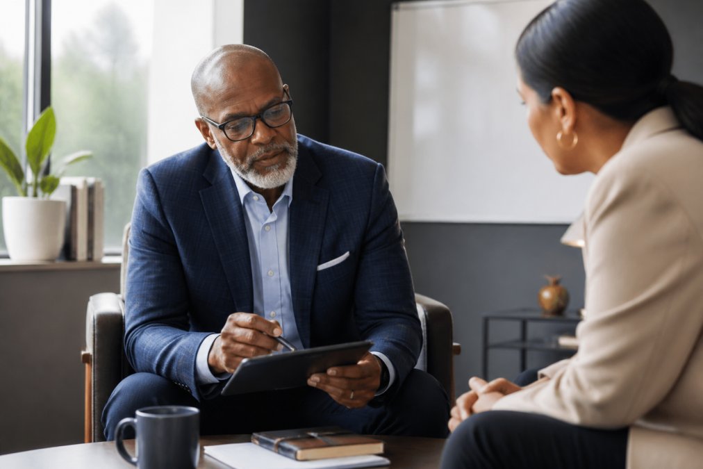Executive reviewing leadership development metrics on a tablet during a one-on-one coaching session in an office.