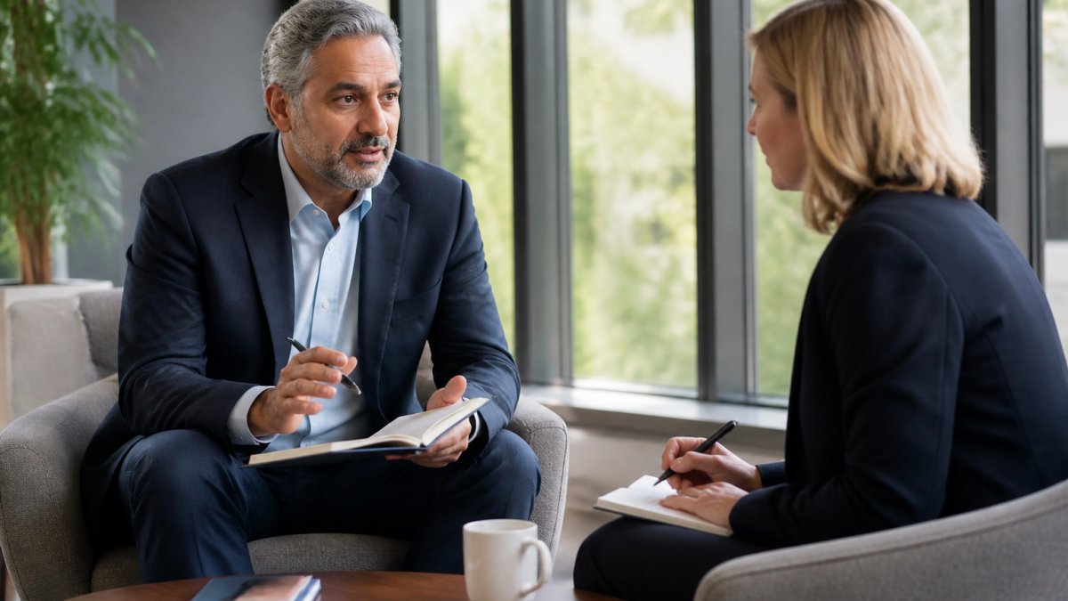 Senior executive in professional attire engaged in focused one-on-one coaching conversation in modern office setting, both participants taking notes with natural light from large windows