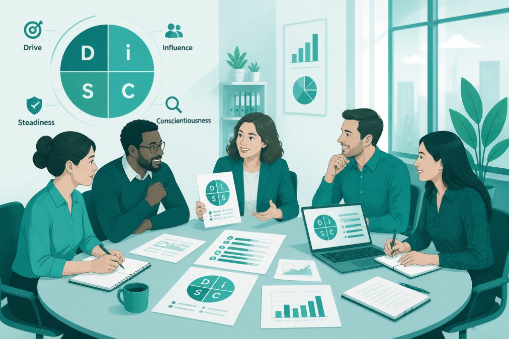 A diverse small team of managers engaged in a collaborative discussion around a conference table, reviewing printed DiSC assessment materials and notes on a laptop, with natural office lighting from nearby windows