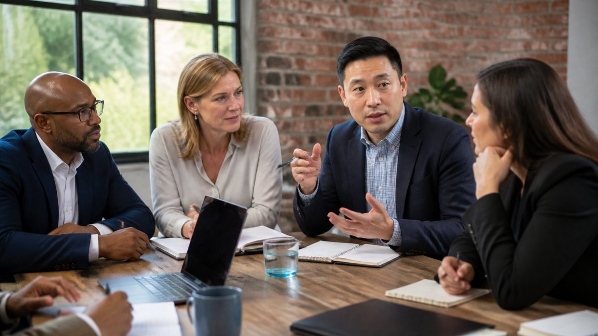 A diverse group of mid-level and senior leaders engaged in discussion during a workshop, seated around a table with notepads and laptops, natural office lighting