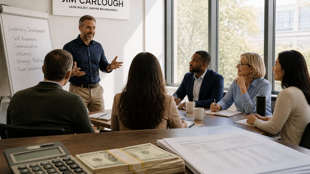 Professional facilitators leading a diverse group of business leaders in an interactive discussion during a training session in a modern conference room with natural lighting