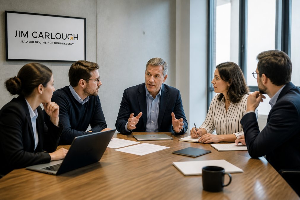 Professional leadership team in modern conference room collaborating around table with laptops, reviewing AI strategy with focused attention and engaged body language