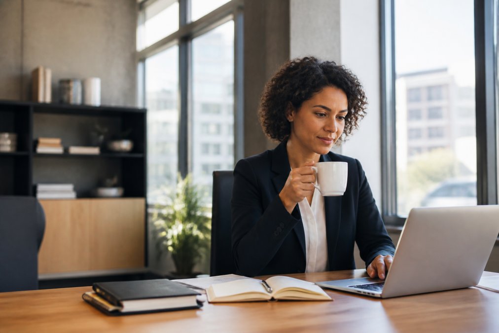 Professional woman sitting at her desk with coffee mug, looking focused and confident while working on her laptop in a bright, modern office with natural light streaming through windows