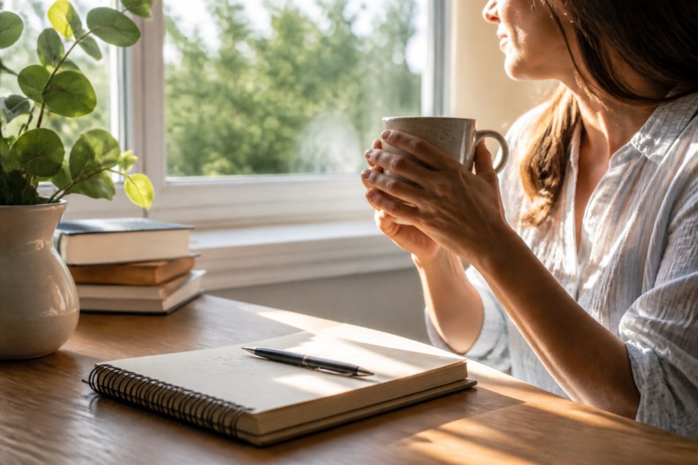 Woman's hands holding an inspirational ceramic mug with a quote visible, surrounded by morning light and a notebook on a wooden desk, warm natural lighting from a window