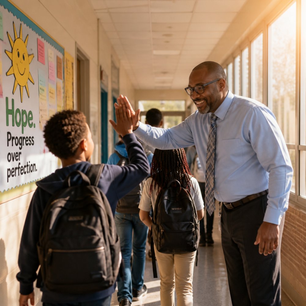 A school principal greets students in a sunlit hallway as they walk to their morning classes.