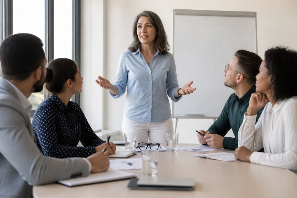 A confident woman in her 40s leading a meeting in a bright modern conference room, speaking to a diverse group of colleagues with a whiteboard of strategy notes behind her