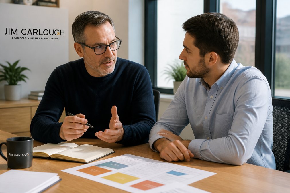 Senior leader mentoring younger professional at table with development plans visible, natural office lighting, focused one-on-one conversation