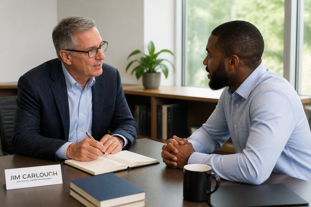 Professional manager sitting across from an executive coach in a modern office setting, reviewing development notes and discussing leadership goals during a one-on-one coaching session with natural window lighting