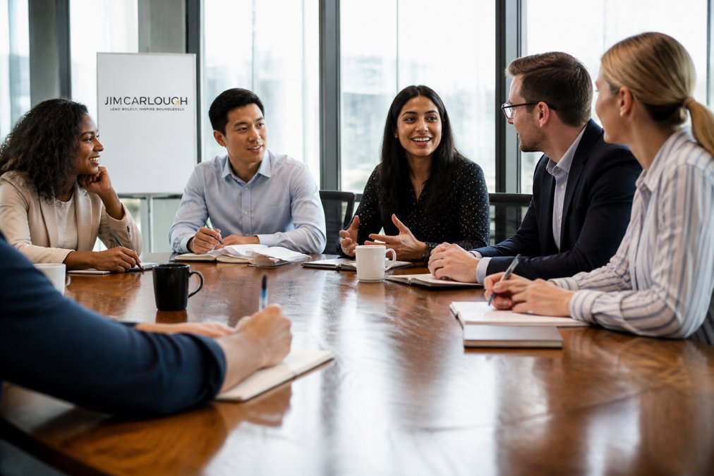 Diverse group of emerging leaders collaborating in a modern conference room, discussing leadership strategies and sharing ideas around a wooden table with natural lighting from floor-to-ceiling windows