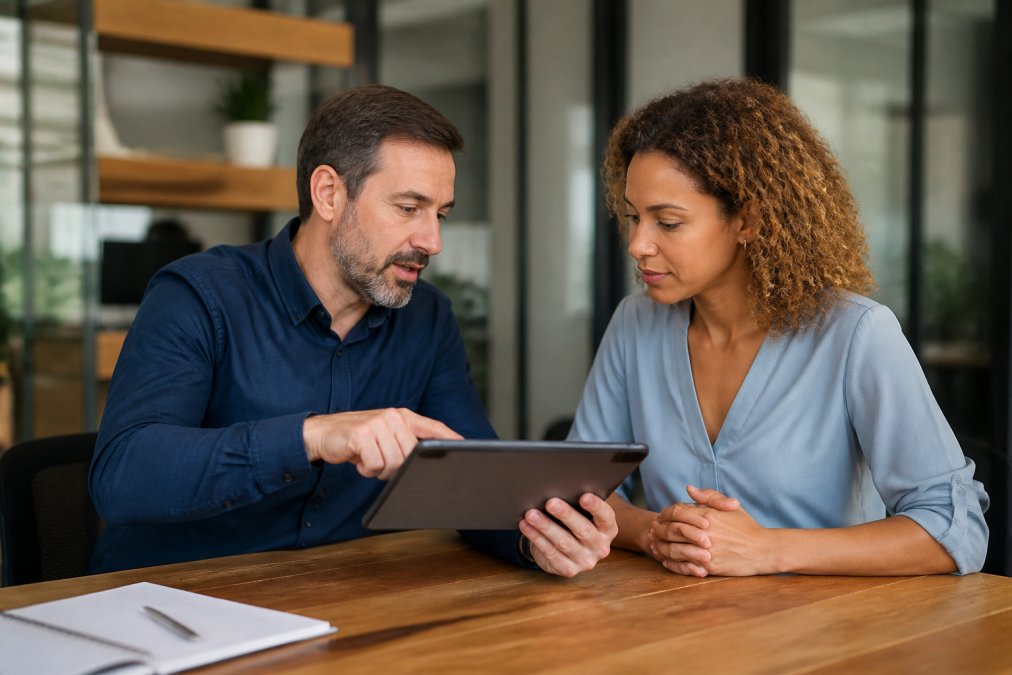 Professional manager and employee in one-on-one coaching session, reviewing DISC profile results on tablet together, manager pointing to specific insights while employee listens attentively, natural office lighting