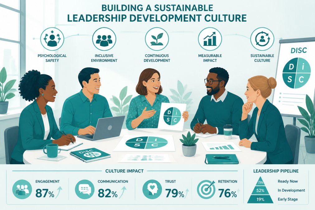 Diverse group of managers in collaborative workshop setting around table with DISC materials, engaged in discussion and learning, showing psychological safety and inclusive environment, natural lighting