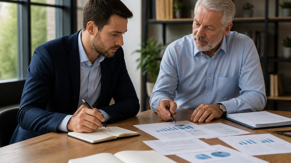 New business owner in professional attire meeting with experienced mentor at a wooden table in modern office, both reviewing business notes and strategy documents with natural morning light
