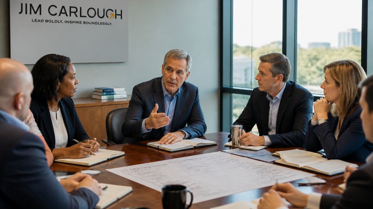 A senior executive team gathered around a conference table, reviewing a strategic roadmap on a large screen, with engaged expressions and notebooks open
