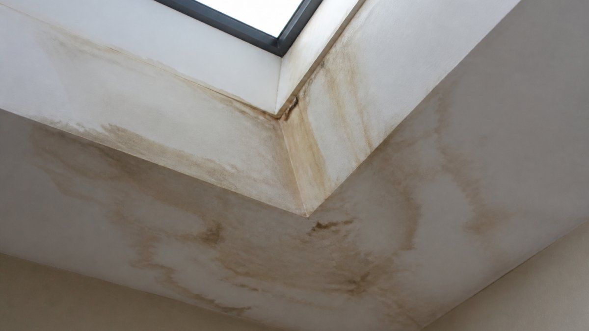Diagram identifying water stains and moisture damage to help estimate your leaking skylight repair cost.