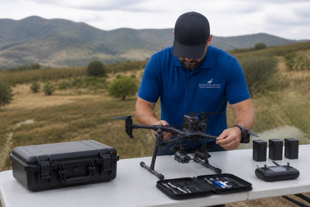 Certified pilot conducting a pre-flight checklist to learn drone flying in an open field by checking the propellers.