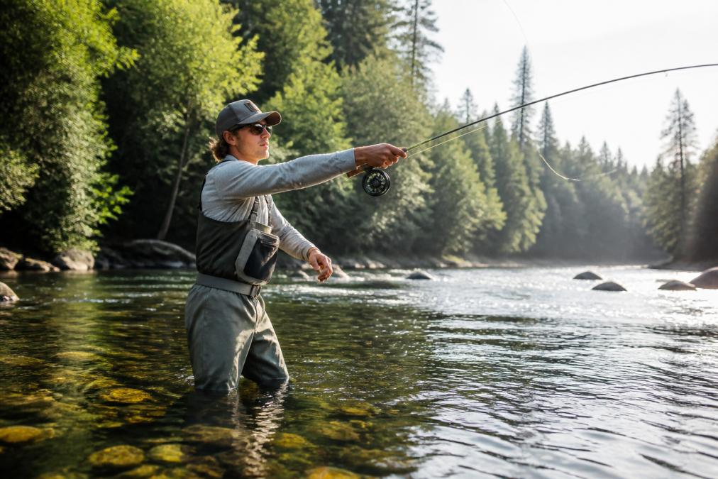 Beginner angler in waders demonstrating a forward fly rod cast to learn fly fishing in a sunlit stream