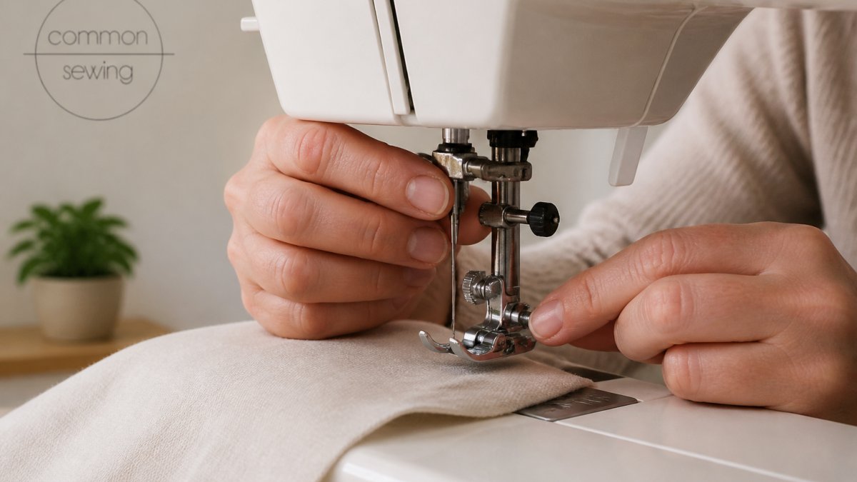 Close-up of hands adjusting the needle and presser foot on a sewing machine with fabric positioned underneath, showing proper setup with natural overhead lighting