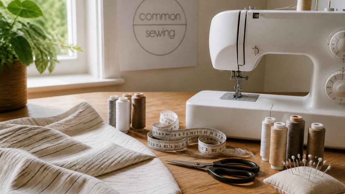 Infographic showing the essential sewing tools and machine setup to help you learn sewing at home easily.