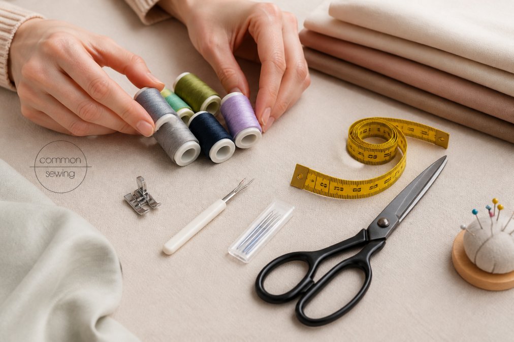 Close-up of beginner sewing supplies arranged on a neutral surface including needle, thread in various colors, seam ripper, measuring tape, fabric scissors, and presser foot, with hands organizing them